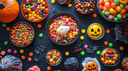 Overhead table with assorted Halloween candy in bowls
