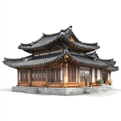 Traditional Korean Hanok building with ornate tiled roofs and wooden latticed windows