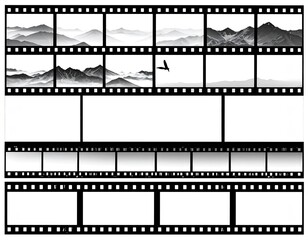 Fototapeta premium Film strips displaying mountain landscapes with bird & blank frames