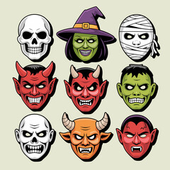 Vintage halloween mask set, skull witch devil goblin faces, retro collection, sticker pack, printable icons, vector