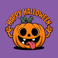 Happy halloween pumpkin mascot, cheerful face, tongue out, raised hands, fun party sticker, family friendly design, vector