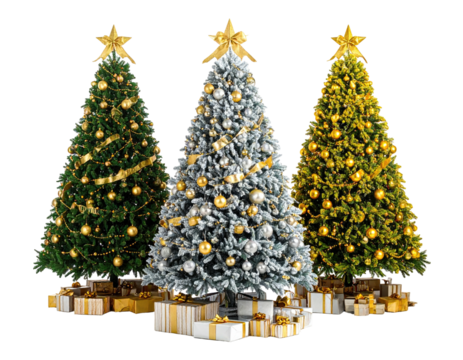 Three festive Christmas trees with presents, each adorned with ornaments and toppers