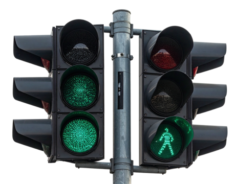 Traffic signal showing walk signal for pedestrians and green for vehicles