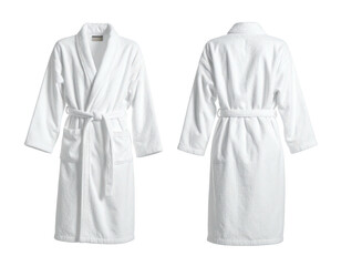 Front and back view of a fluffy white bathrobe with a tie waist and pockets