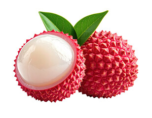 Two ripe lychees, one halved, revealing juicy white fruit with green leaves