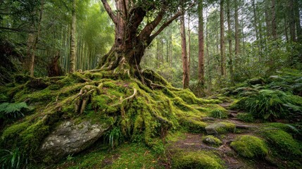 Naklejka premium Lush forest floor with mossy roots
