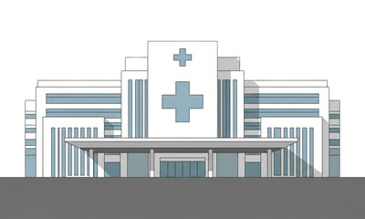 Illustration of a modern hospital building with a cross, isolated on transparent background, signifying healthcare