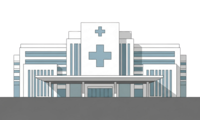 Illustration of a modern hospital building with a cross, isolated on transparent background, signifying healthcare