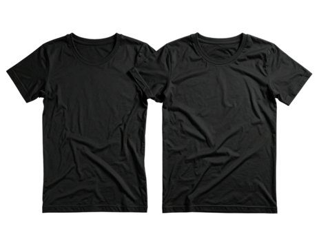 Two black t-shirts, blank, with crew necks, displayed against a stark, dark backdrop