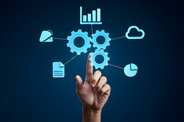 Hand touching digital gears and icons representing data and technology