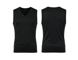 Front and back view of a classic black argyle V-neck vest