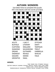 Easy and engaging crossword puzzle game for autumn season evenings or coffee breakes. General knowledge, family friendly content. Letter hints.  Answer included.
