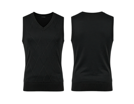 Front and back view of a classic black argyle V-neck vest
