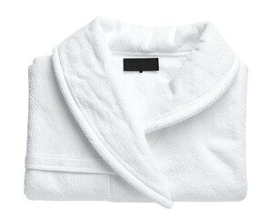 Pristine, white, folded bathrobe, plush and cozy, with a blank label on the collar