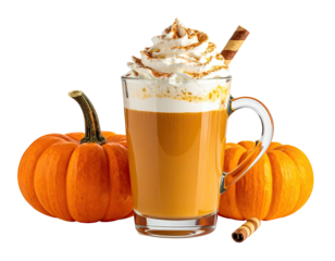 A pumpkin spice drink with whipped cream, a wafer, and two pumpkins
