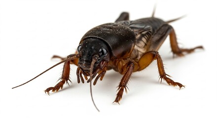 Naklejka premium Vivid close up studio shot of a brown mole cricket isolated on a bright white background showcasing detailed insect anatomy