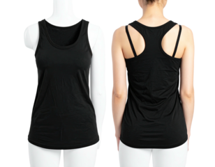 Front/back view of a black racerback tank top on a mannequin and a person