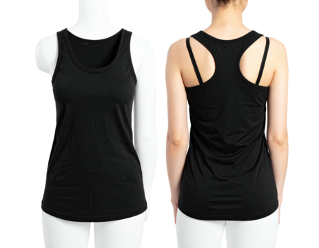 Front/back view of a black racerback tank top on a mannequin and a person