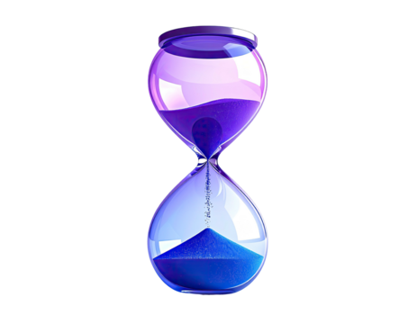 A translucent hourglass, filled with blue/purple sand, on black background
