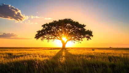 Fototapeta premium Majestic tree silhouetted by golden sunset light in a prairie