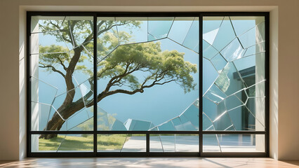 Geometric Window View of Serene Tree and Building Facade Combining Nature and Architecture