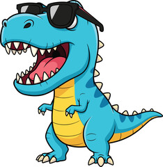 Cool cartoon dinosaur with sunglasses, blue body and yellow belly, expressive pose, fun character design for kids, humor, and entertainment