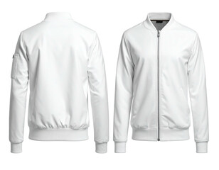 White bomber jacket, front and back views, on black background, minimalist