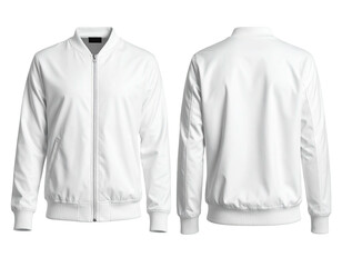 A white bomber jacket presented from front and back angles