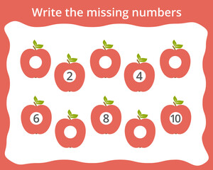 Write the missing numbers in apples. Children's educational game. Score 1-10.