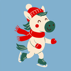 Cute Cartoon Horse Ice Skating in Winter Outfit