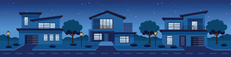 Residential neighborhood. Modern residential. Housing area at night. Night house. Midnight house. Villa. Home building.