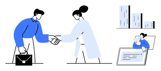 Two people shaking hands symbolizing business collaboration, remote employee working on a document, buildings in the background. Ideal for teamwork, business, contract, remote work, networking