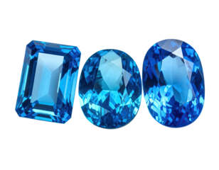 Three faceted blue gemstones, emerald, oval, and cushion cuts, isolated on black