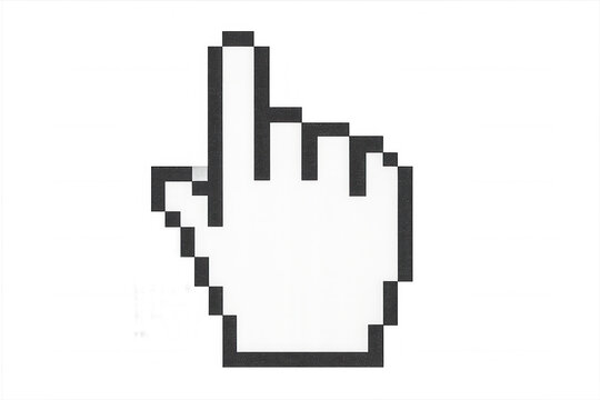 Pixelated pointing hand cursor icon for clicking, linking, or selecting on digital interfaces