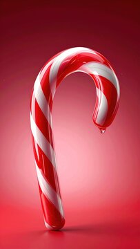 A glossy candy cane, vibrant red and white, curves gracefully against a deep crimson background.  A single drip of liquid hangs from the bottom.