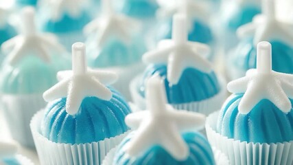 Freshly baked cupcakes decorated with blue and white frosting, great for food or party use