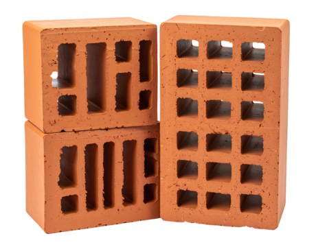 Three red, rectangular, hollow construction blocks stacked on a black background