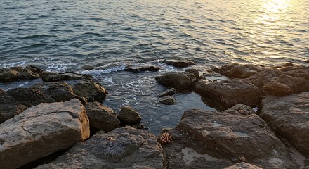 Fototapeta premium Coastal rocks meet ocean waves under golden sunlight