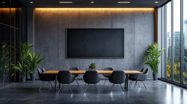 Modern conference room offers a professional space for strategic meetings with city views, perfect for business presentations and executive decisions
