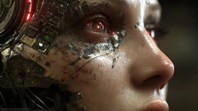 Futuristic close-up of a cybernetic human face with integrated electronic circuits and realistic skin texture, blending organic and artificial elements in hyper-detailed cyberpunk style