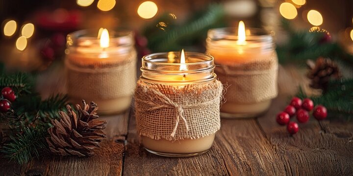 Three lit candles with burlap wrapping, surrounded by Christmas decorations, on a rustic wooden table with pine cones and berries.
