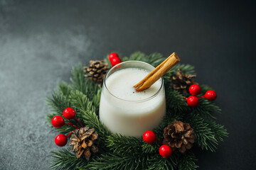 Creamy festive drink with cinnamon stick and pine needles for winter holidays