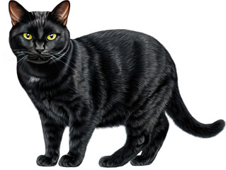 Halloween Cartoon Black Cat Vector Illustration: Black Cat with Green Eyes (Isolated on Transparent Background, Cutout PNG File)