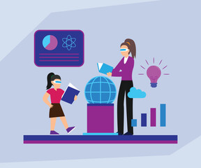 Students in VR/AR Glasses Interacting with a Virtual Globe, Data Analytics, and Science Information for Global Knowledge and Innovation 2d flat vector illustration