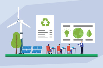 Teacher Instructing Students on Eco-Friendly Practices, Green Technology, and Environmental Responsibility in a Classroom Setting 2d flat vector illustration