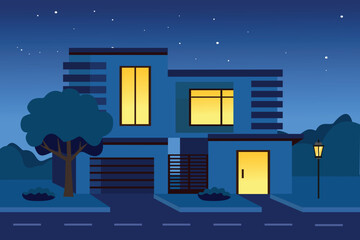 Modern Home at Night. Nighttime House Illustration. Residential neighborhood. City house. Urban House Night Scene. House lamps.
