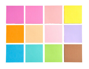 Twelve multi-colored square sticky notes arranged in a grid