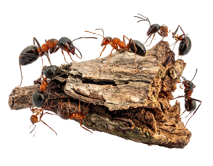 Group of ants congregating on a piece of weathered bark against a black backdrop