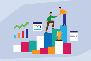 Teamwork, Mentorship, and Business Success Concept. Partner Helping Colleague Climb a Bar Chart Towards a Golden Trophy, Symbolizing Collaborative Achievement and Growth 2d flat vector illustration