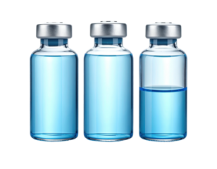 Three glass vials with liquid inside, the third vial partially filled
